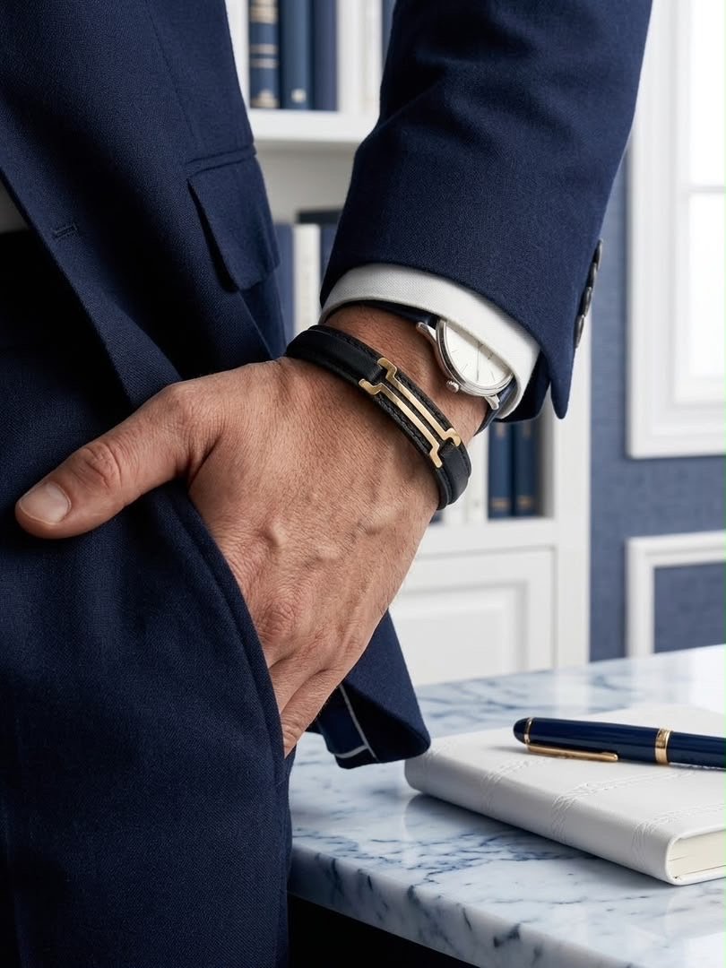 دستبند چرم با پلاک طلای ۱۸ عیار کد BL04