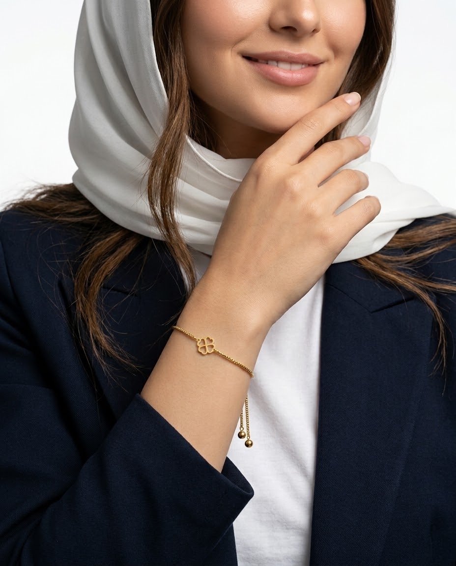 دستبند ونیزی استیل پلاک ۱۸عیار شبدر رنگ طلایی کد B13
